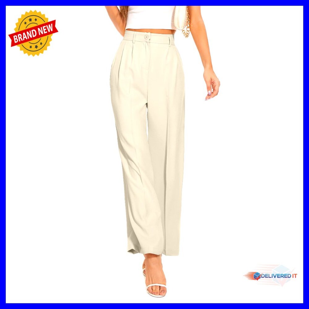 High Waisted Wide Leg Work Pants With Back Elastic Waist, Straight Leg Trousers